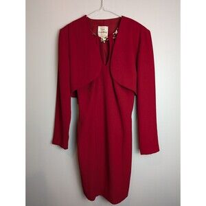 Vintage Joseph Ribkoff Red Mini Dress Crop Jacket Career Gold Neck Detail Size 4
